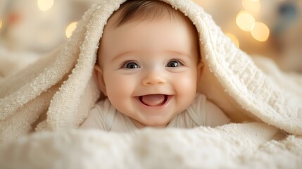 Bright smile of a baby under a soft blanket, evoking feelings of joy.