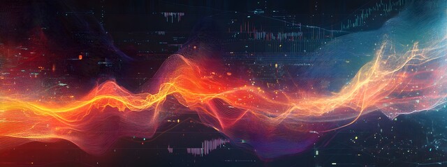 A digital illustration of colorful sound waves on a black background, representing data visualization and analytics in marketing