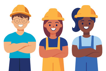 A diverse group of three cartoon construction workers, two women and one man wearing yellow safety helmets and work overalls. Teamwork, inclusion, and professionalism in the construction industry.