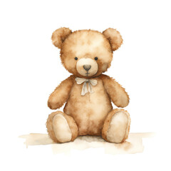 Obraz premium Cute teddy bear isolated on white background, digital watercolor of a retro style soft toy with bow.