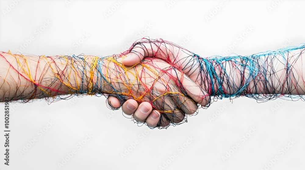 Aufkleber intertwining threads forming a handshake symbolizing the strong bond and interconnectedness between 