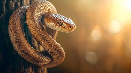 Fototapeta premium Intricate details of a snake s scales and coiled body wrapped around the leg of a kitchen chair captured under warm ambient lighting that creates a captivating atmosphere