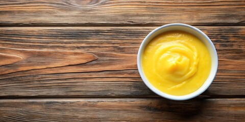 A bowl of Indian clarified butter (ghee) on wooden background from above aerial view