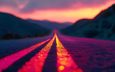 Lens focused on a road illuminated by red light trails, leading into a peaceful mountain sunset, symbolizing the photographers journey and creative vision
