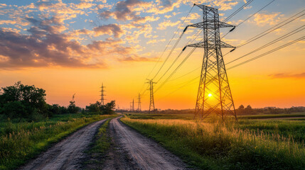 A tranquil countryside scene featuring power lines against a vibrant sunset. The dirt road invites exploration through a serene landscape filled with lush greenery