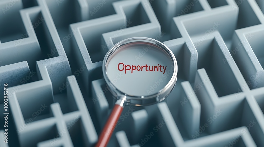 Poster Magnifying Glass Zooming In on the Word  Opportunity  in a Maze Symbolizing the Search for New Business Ventures and the of Growth Potential and Innovative Solutions