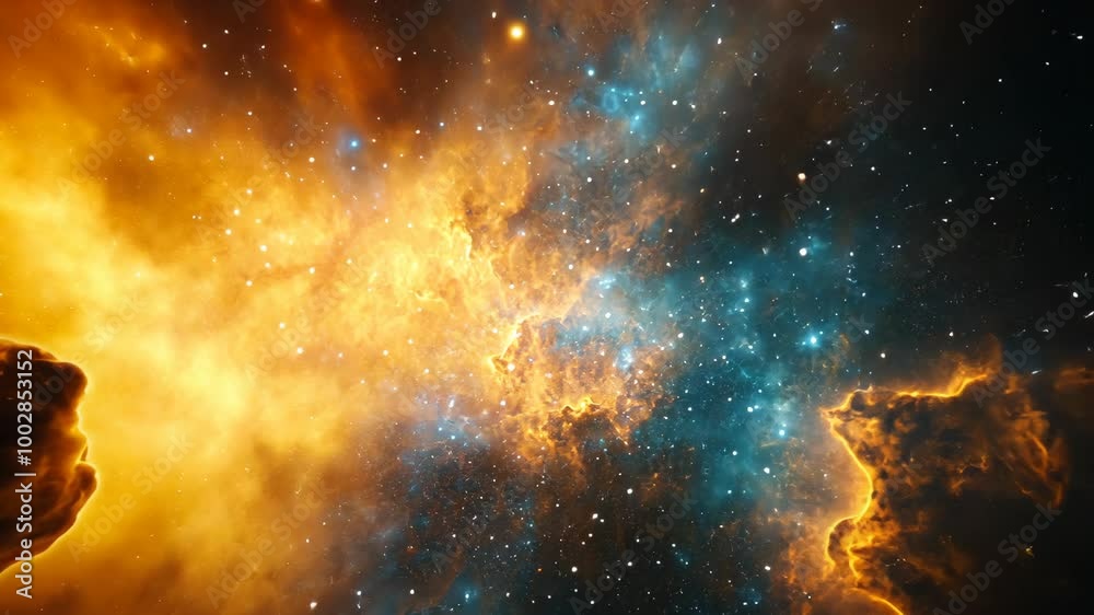 Wall mural a vast nebula, with swirling clouds of gas and dust, glows with an orange and blue hue, illuminating
