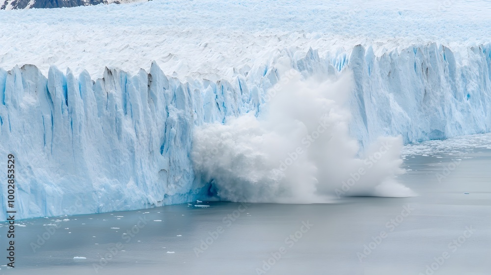 Poster massive glaciers slowly melting into the tranquil ocean symbolizing the slow yet powerful process of