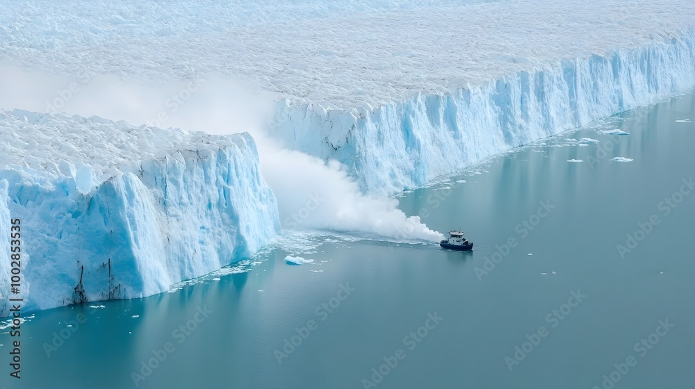 Poster massive glaciers slowly melting into the vast ocean symbolizing the powerful process of water reshap