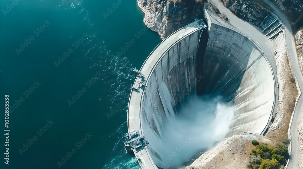 Poster massive hydroelectric dam with powerful water rushing through turbines generating renewable and sust