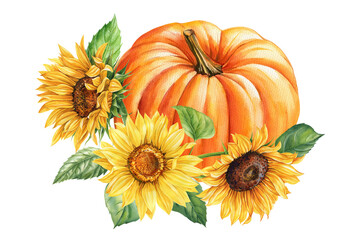 Pumpkins, leaves and sunflowers isolated, watercolor painting fall illustration, Festive holiday decorations clip art