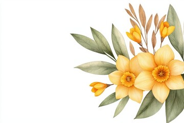 Fototapeta premium A beautiful arrangement of yellow flowers and green leaves, perfect for spring decorations and floral-themed designs.