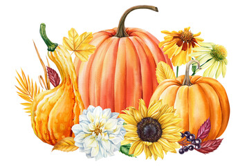 Pumpkins, leaves, dahlia flower and sunflowers isolated, watercolor painting fall illustration, Festive holiday decorations clip art