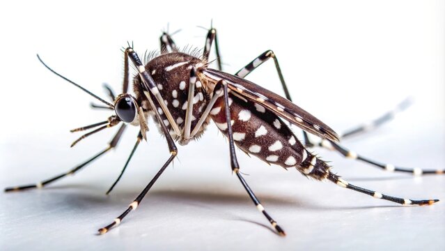 A close-up shot of an Aedes aegypti mosquito with white spots on a white background