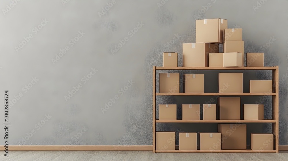 Poster Minimalist empty bookshelf with visible dust on the shelves and a stack of packed boxes ready for an upcoming move or relocation  Conceptual image representing organization decluttering