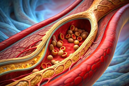 A close-up view of an atherosclerosis atheromatous plaque inside an artery