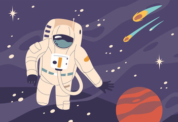 Cartoon Astronaut In A White Spacesuit Drifts Through The Vastness Of Space Surrounded By Stars And Passing Comets