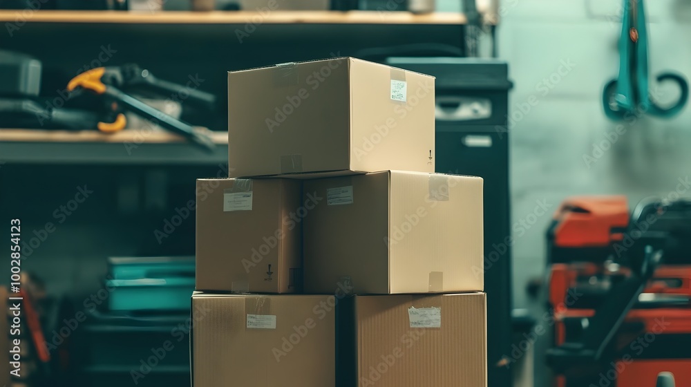 Aufkleber Neatly stacked and labeled moving boxes arranged in an organized garage setting with various packing equipment and tools scattered in the background ready for a smooth relocation process