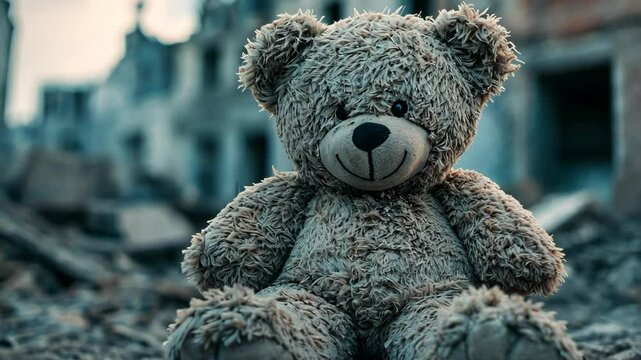 A gray teddy bear sits in the rubble of a destroyed city