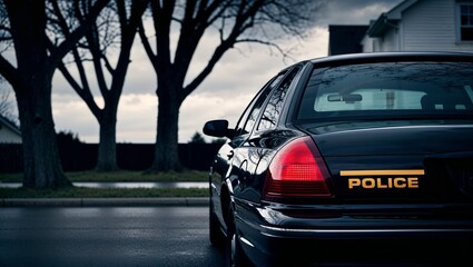 dark, moody photograph of a police car parked on a street. The car is black with reflective surfaces, showing the silhouette of tree branches against a cloudy sky
