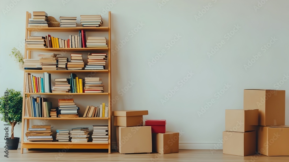 Aufkleber partially filled bookshelf with empty shelves books stacked on the floor and cardboard boxes nearby 