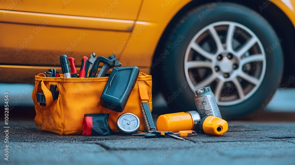 Aufkleber open toolbox with repair tools next to car with flat tire preparing to fix flat on the side of the r