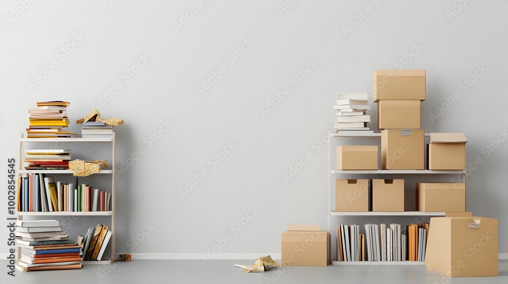 Poster partially occupied bookshelf with stacked books and nearby packing boxes signifying ongoing organiza