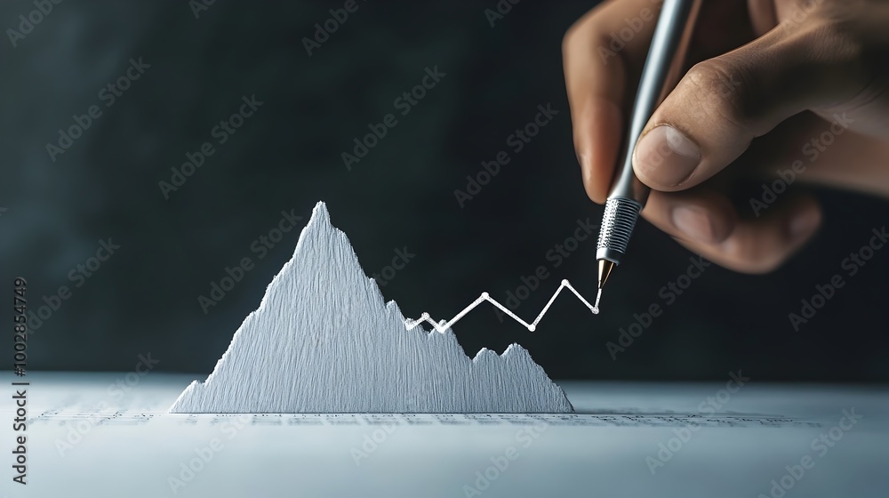 Poster Pen Drawing a Rising Line on a Graph that Transforms into a Mountain Peak Symbolizing the Journey of Reaching the Summit of Business Success and Achievement
