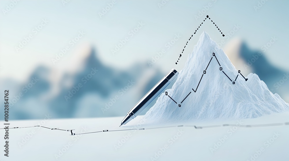 Poster Pen drawing a rising line on a graph that transforms into a majestic mountain peak symbolizing the achievement of business success and the summit of professional