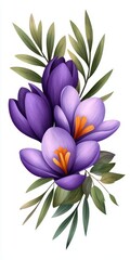 Beautiful purple crocus flowers arranged elegantly with green leaves, perfect for spring-themed designs and floral illustrations.