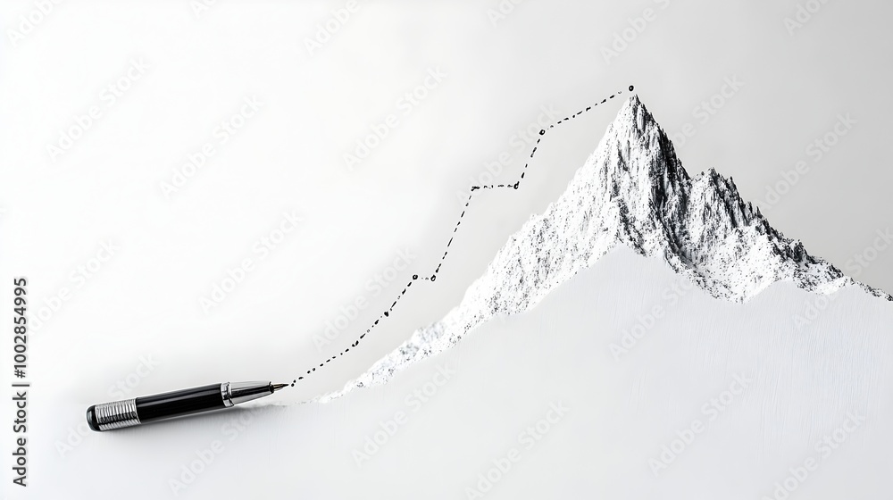 Aufkleber Pen Drawing Transforms a Rising Graph Line Into a Symbolic Mountain Peak Representing the Journey of Reaching the Summit of Business Success and Achievement