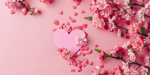 Fototapeta premium Valentine's Day Background with Pink Flowers and Heart Envelope