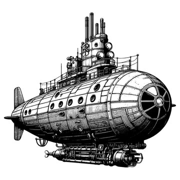 recommend clip art: Steam-punk vintage submarine, detailed mechanical features, portholes, and antennas in a retro style sketch engraving generative ai PNG illustration. Scratch board imitation. Black and white image.