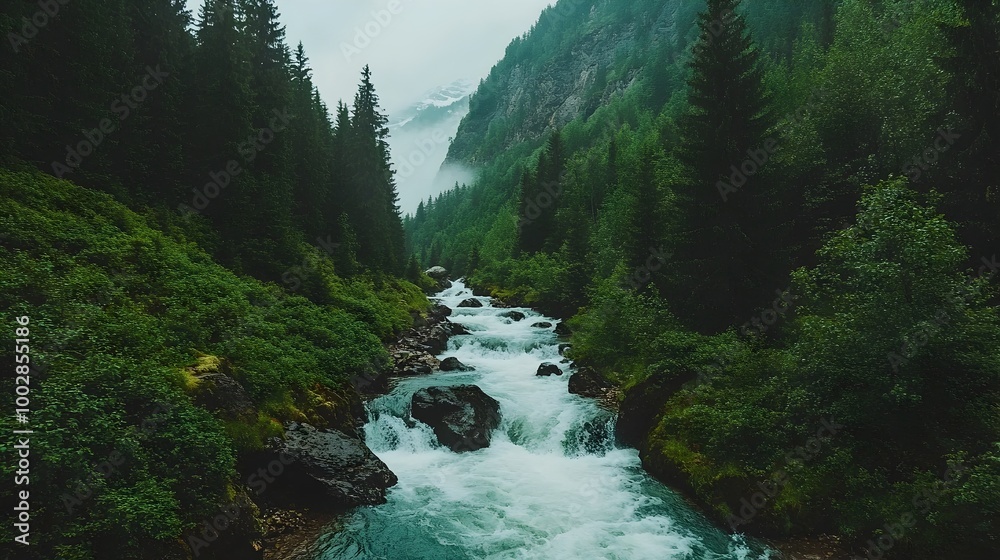 Poster powerful mountain stream rushing downhill with incredible force carving its way through rocks and tr