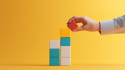 Hand placing a colorful block on a tower against a vibrant yellow background.