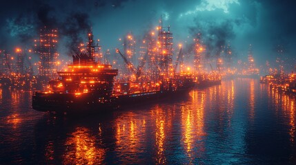 Fototapeta premium Create an image of futuristic ships connecting cities across the globe through holographic trade routes and logistics networks