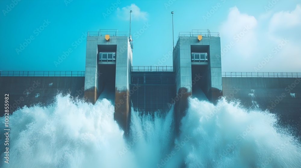 Poster powerful water gushing through the open gates of a dam symbolizing the controlled energy and the har