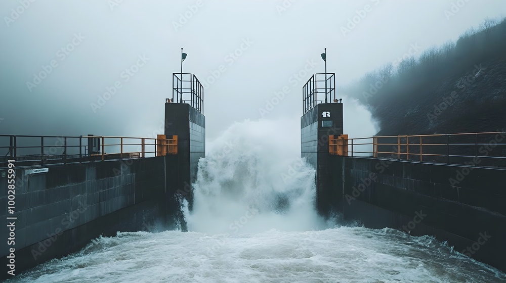 Aufkleber powerful water flow rushing through the opened gates of a dam symbolizing the controlled energy and 
