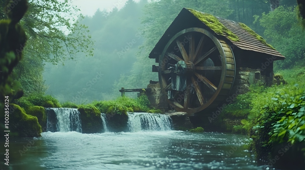 Poster powerful watermill spinning as a river flows through it converting the water s energy into reliable 
