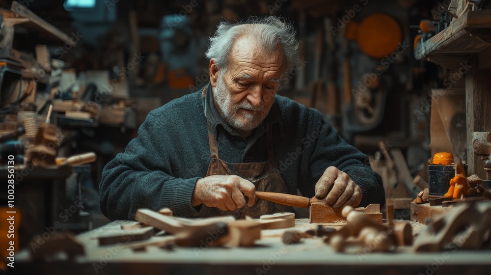 Poster a man is working on a wooden project in a workshop