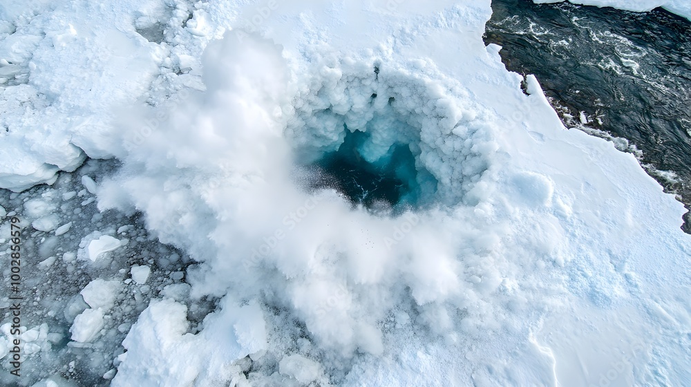 Poster raging spring thaw unstoppable ice dam breakout unleashing powerful river flow with cascading water 