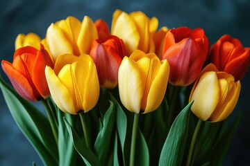 Obraz premium A Bouquet of Yellow and Red Tulips with Green Stems