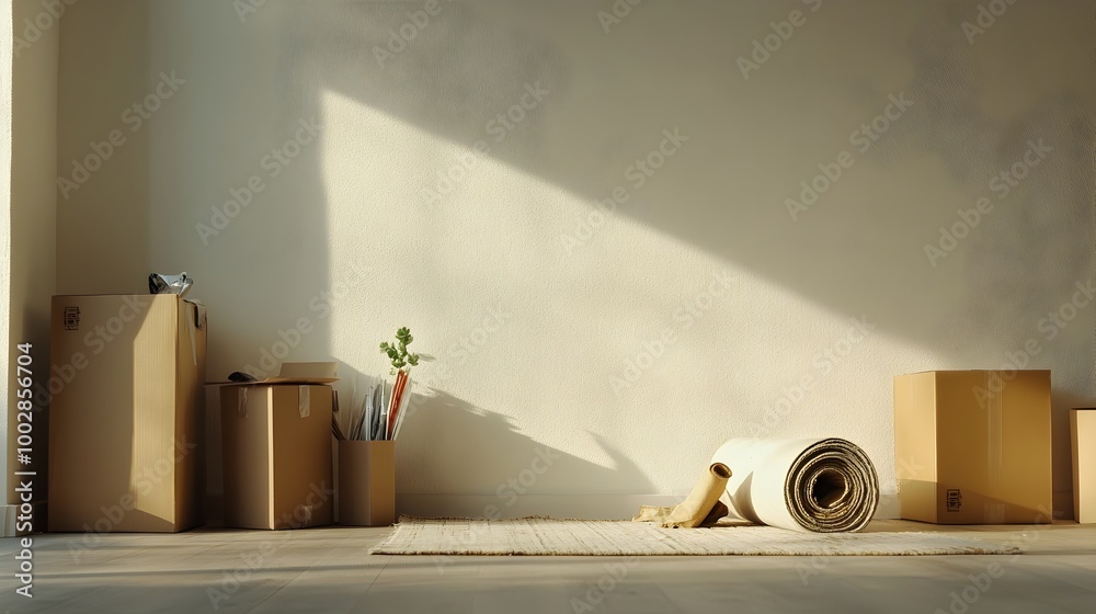 Poster rolled up rug leaning against a bare wall with cardboard boxes and packing supplies scattered around