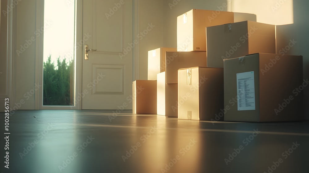 Poster Rows of packed and labeled moving boxes lined up near the front door with warm sunlight casting long shadows across the floor  Concept of home relocation household storage and organization