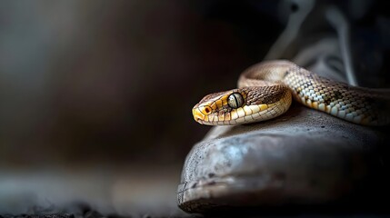 Fototapeta premium Serpent Surprise A coiled snake its head peeking out from the shadows lurks within the confines of a shoe creating a sense of danger and the unexpected