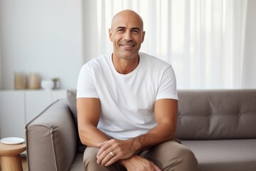 Fototapeta premium Portrait of a tender man in his 40s dressed in a casual t-shirt in crisp minimalistic living room