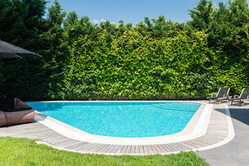 A swimming pool among green trees