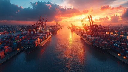 Obraz premium Render a futuristic port where AI, drones, and robotic cranes handle containers and optimize global logistics