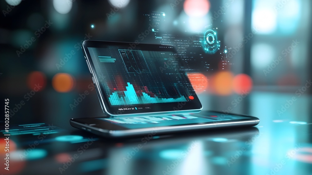 Poster Smartphone screen displaying futuristic holographic charts graphs and digital business analytics tools