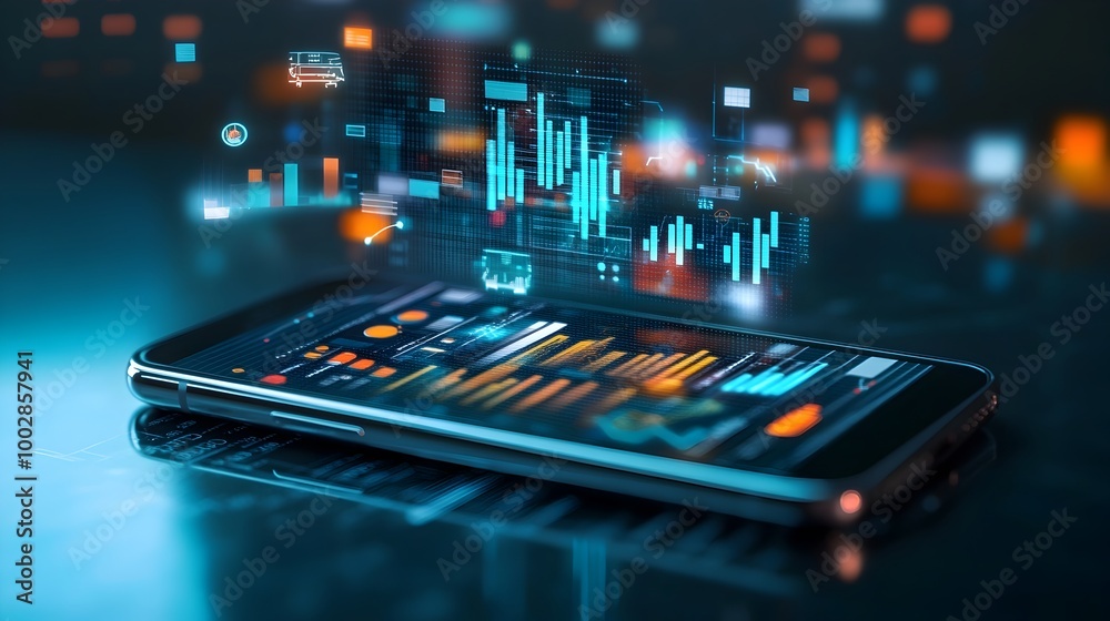 Poster smartphone screen showcasing holographic data visualizations and business intelligence tools represe